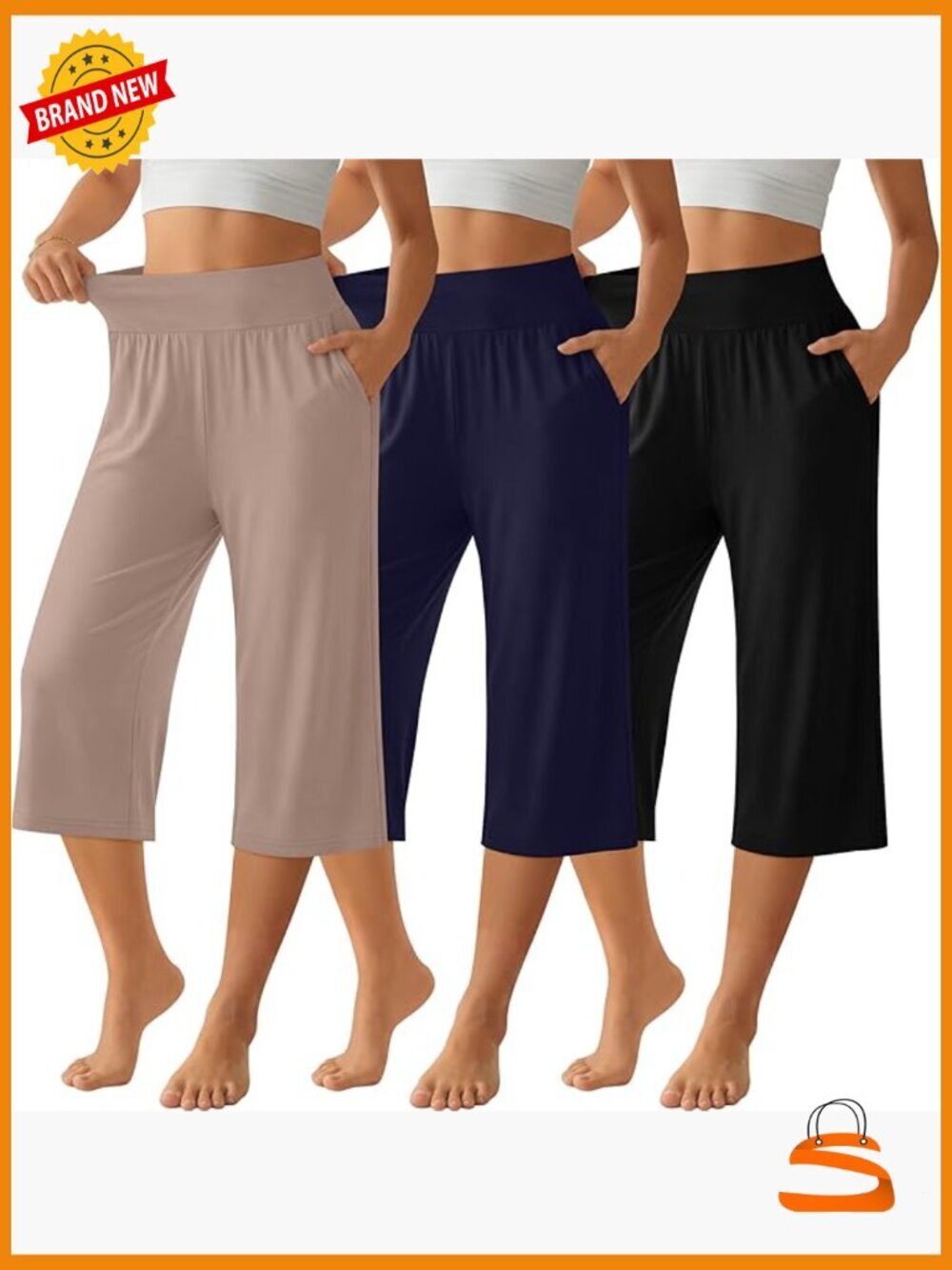 3 Pack Wide Leg High Waist Capri Lounge Sweatpants with Pockets